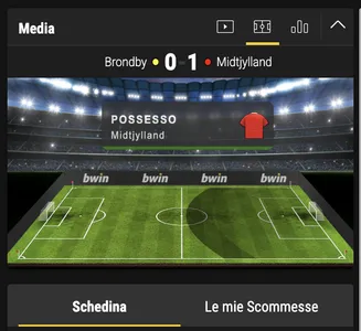 Live Brondby vs Midtjylland – Midtjylland in vantaggio 1-0 con possesso palla Visualizzazione in tempo reale della partita Brondby vs Midtjylland, risultato 0-1 e possesso palla per Midtjylland